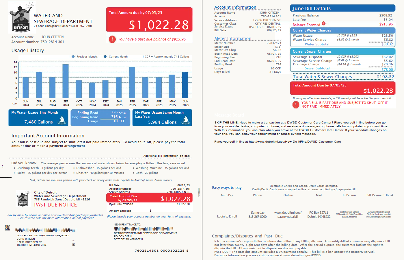 USA Detroit Water and Sewerage Department utility bill template in Word and PDF formats, 2 pages, version 4